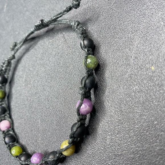 HANDMADE Purple Lepidolite, Matte Black Onyx, & Green Jade beads with Black Hemp - Picture 4 of 6